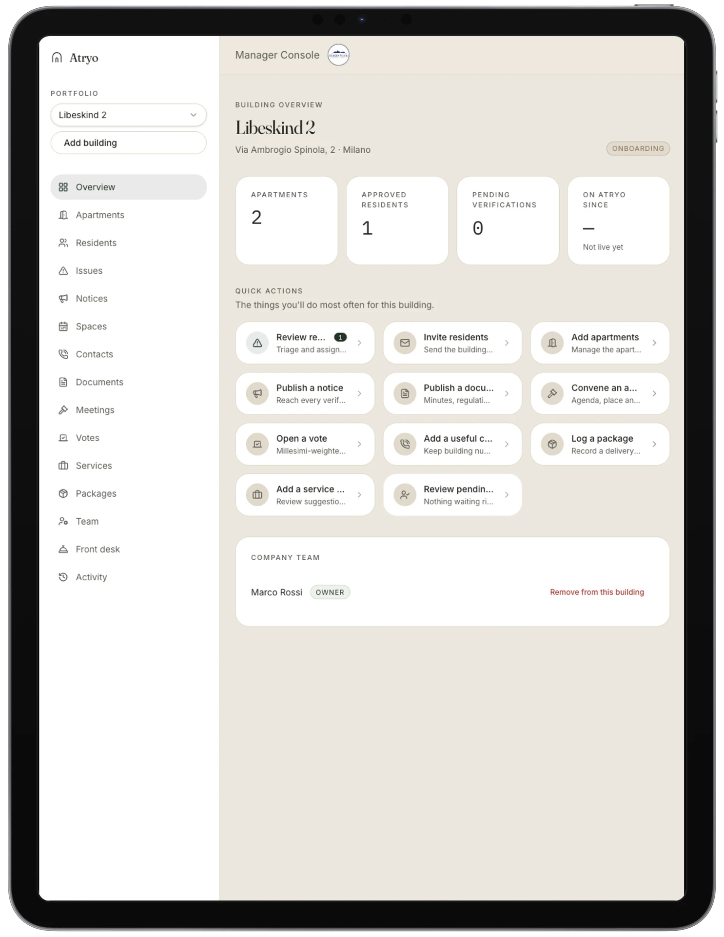 Atryo manager console overview showing building stats and quick actions