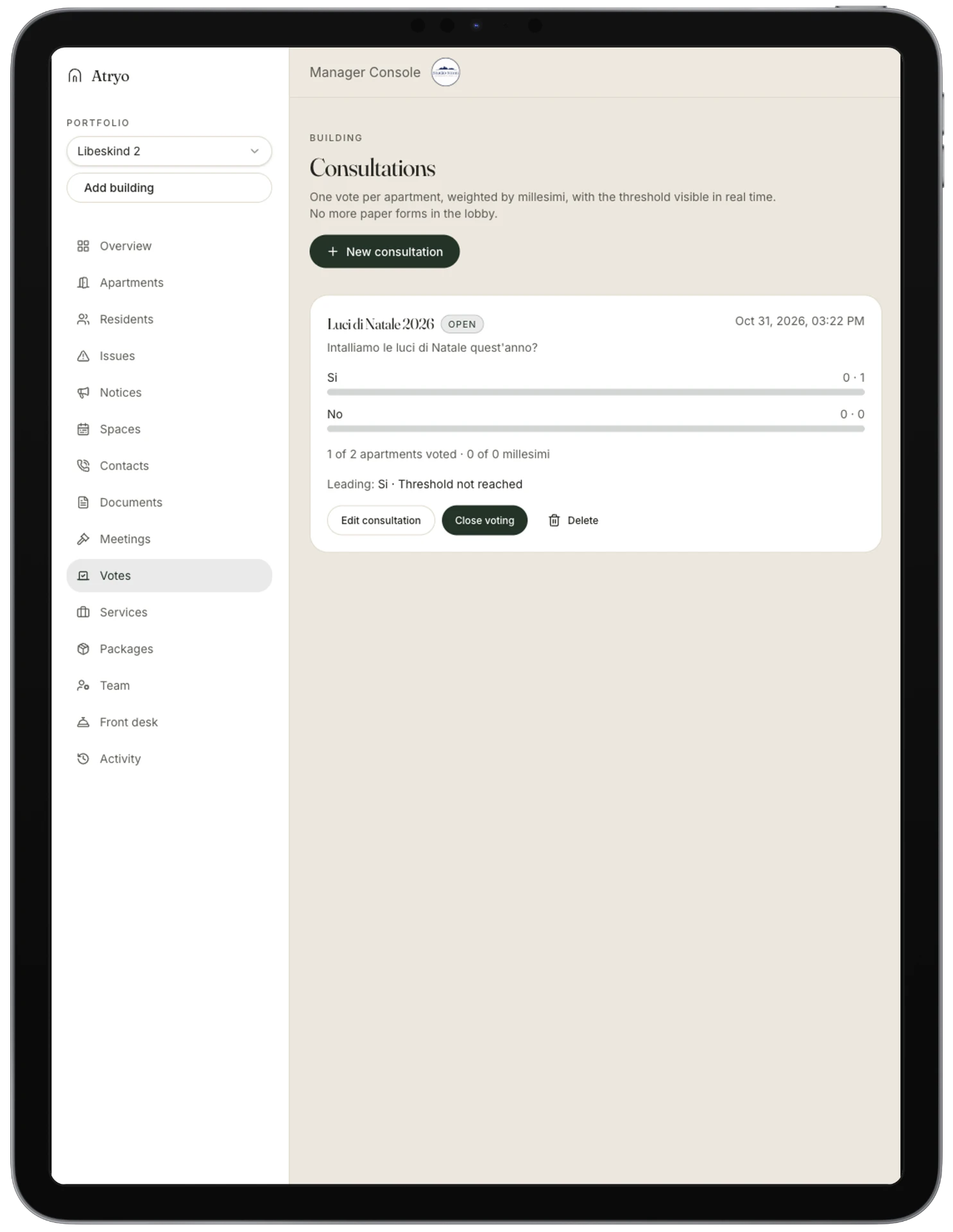 Atryo manager console consultations page with a live weighted vote