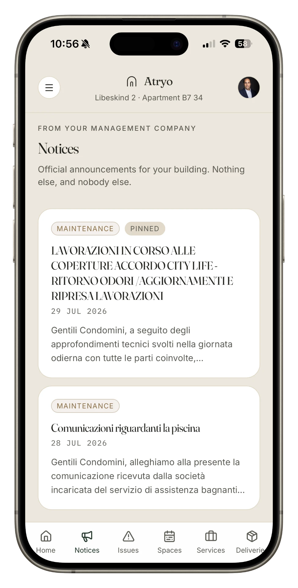 Atryo notices screen listing official building announcements
