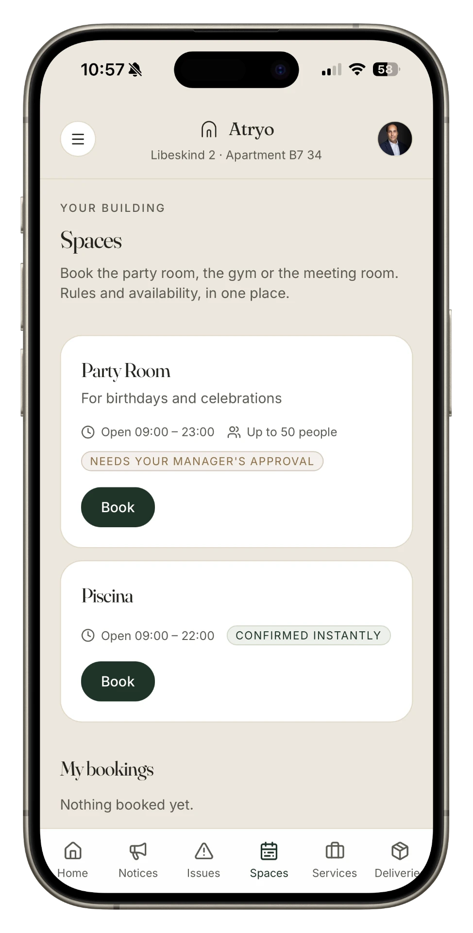 Atryo spaces screen showing the party room and pool available to book