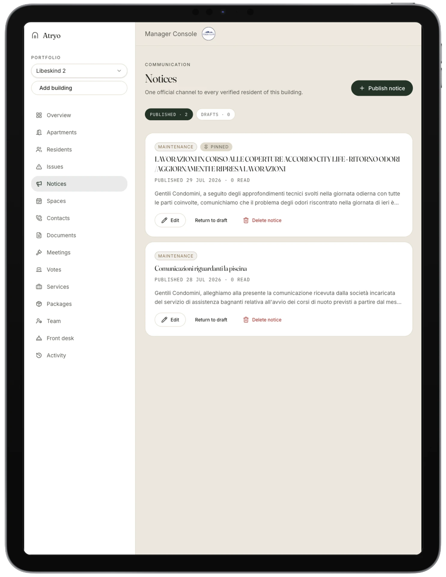 Atryo manager console notices page with published announcements