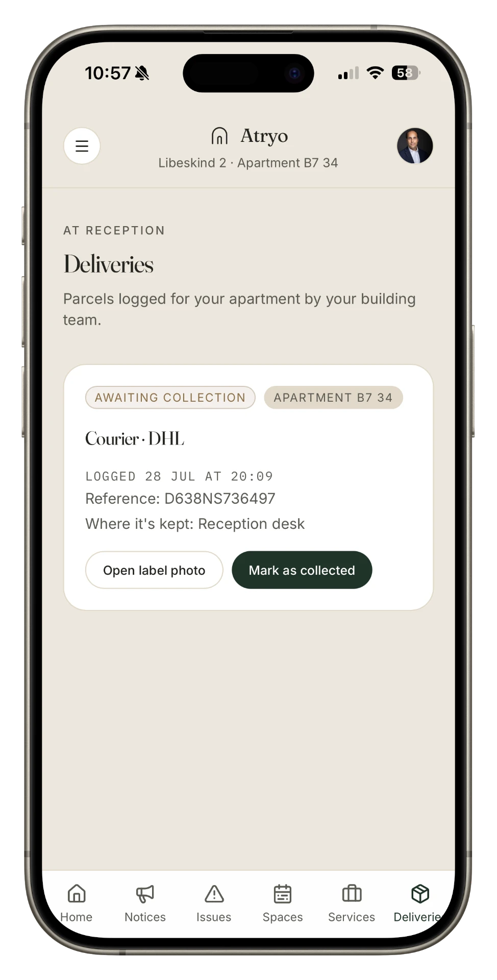 Atryo deliveries screen showing a parcel awaiting collection with courier details