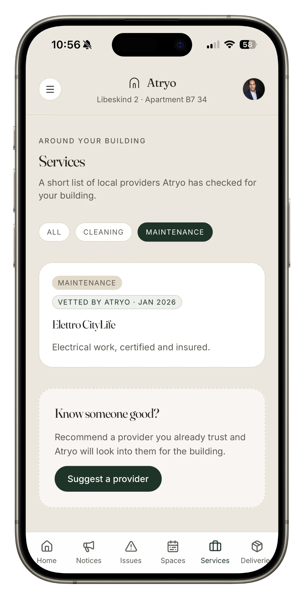 Atryo services screen showing a vetted local provider and a suggestion card