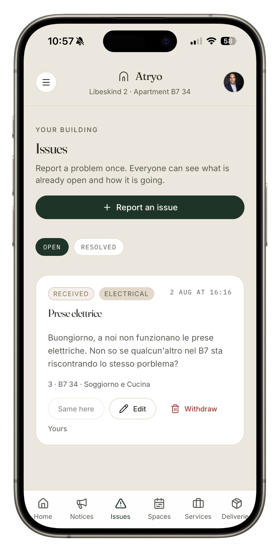 Atryo issues screen showing an open report and its status