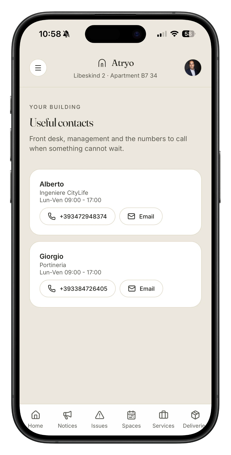 Atryo contacts screen showing the front desk and management contacts