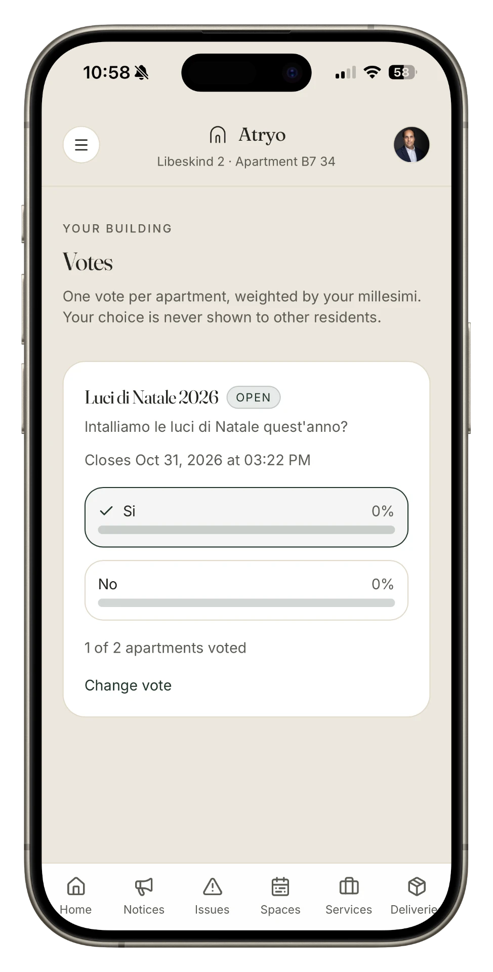 Atryo votes screen showing an open consultation
