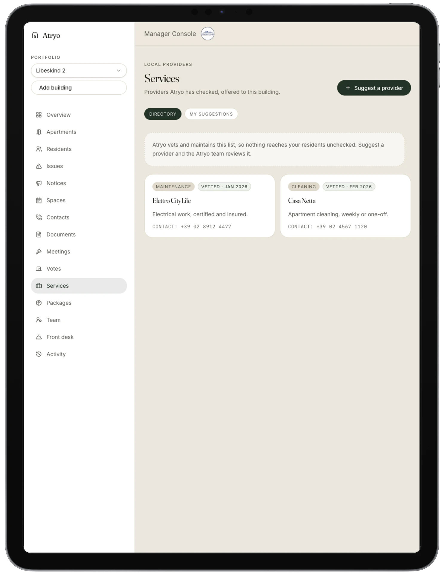 Atryo manager console services page with vetted local providers