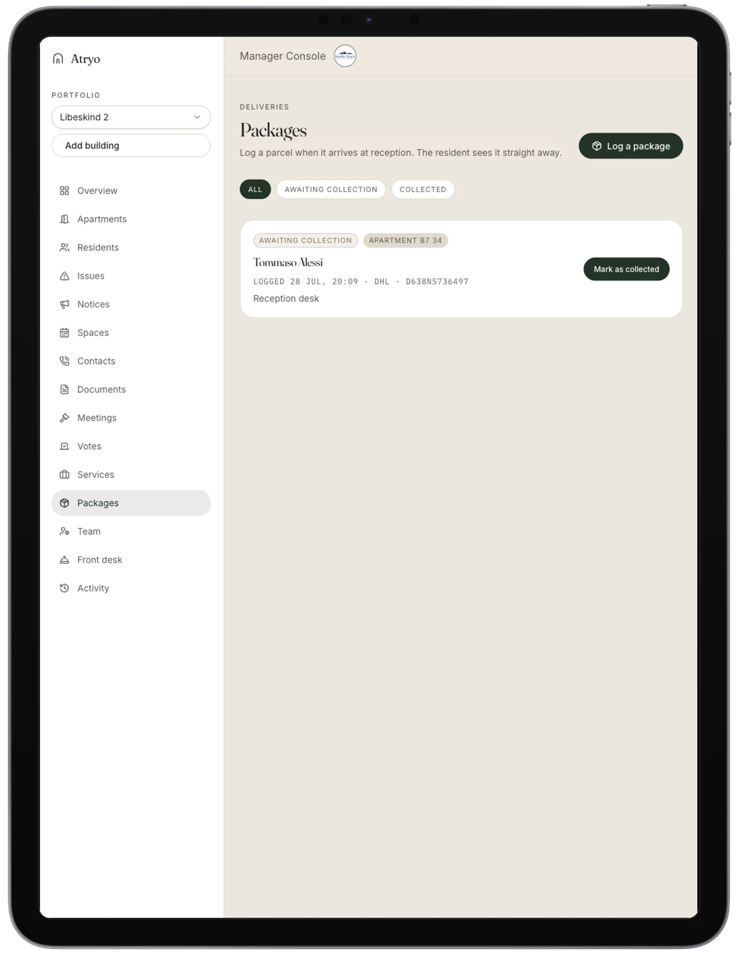 Atryo manager console packages page with a parcel awaiting collection