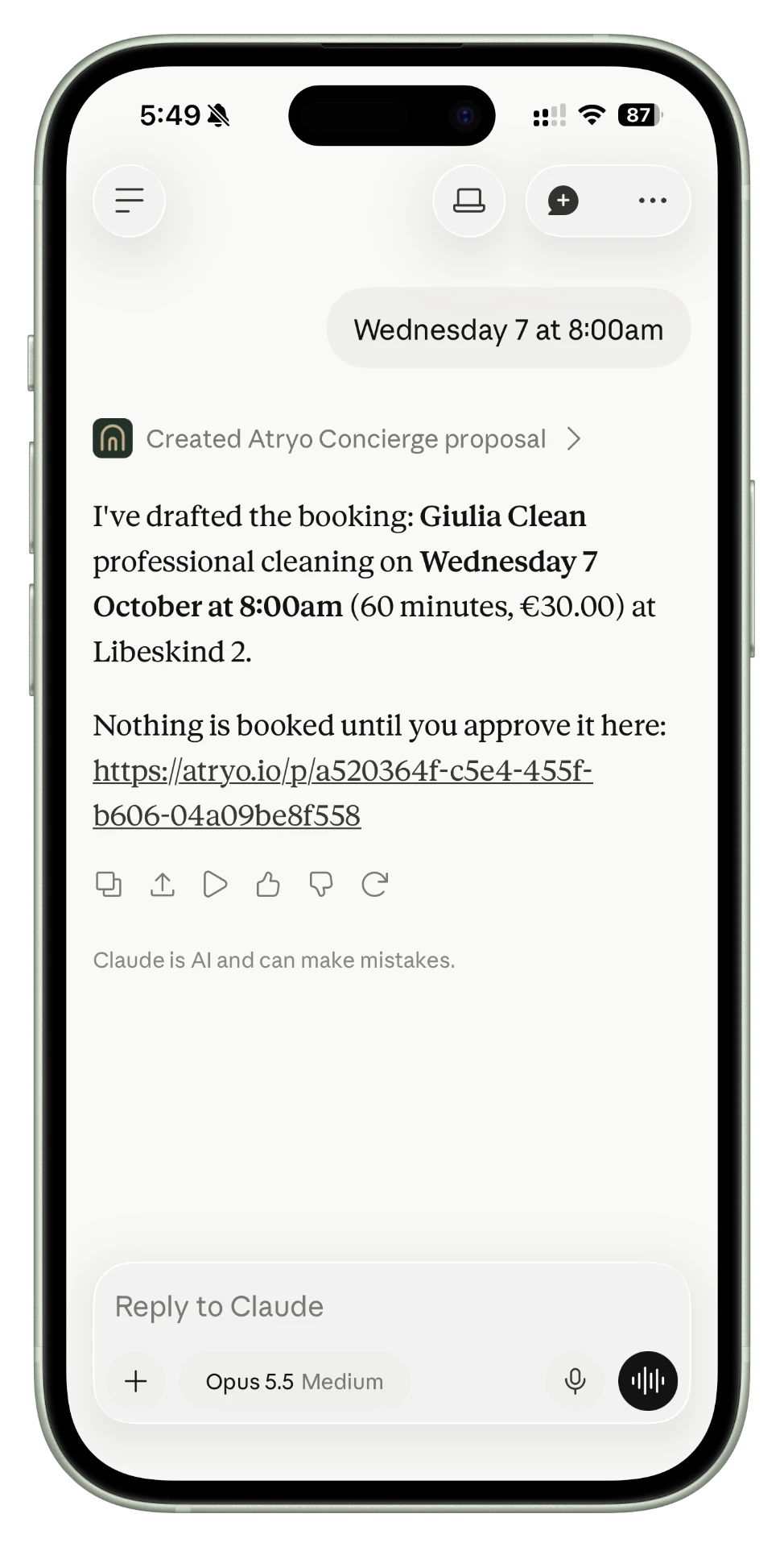 Claude che crea una proposta Atryo Concierge con link di approvazione