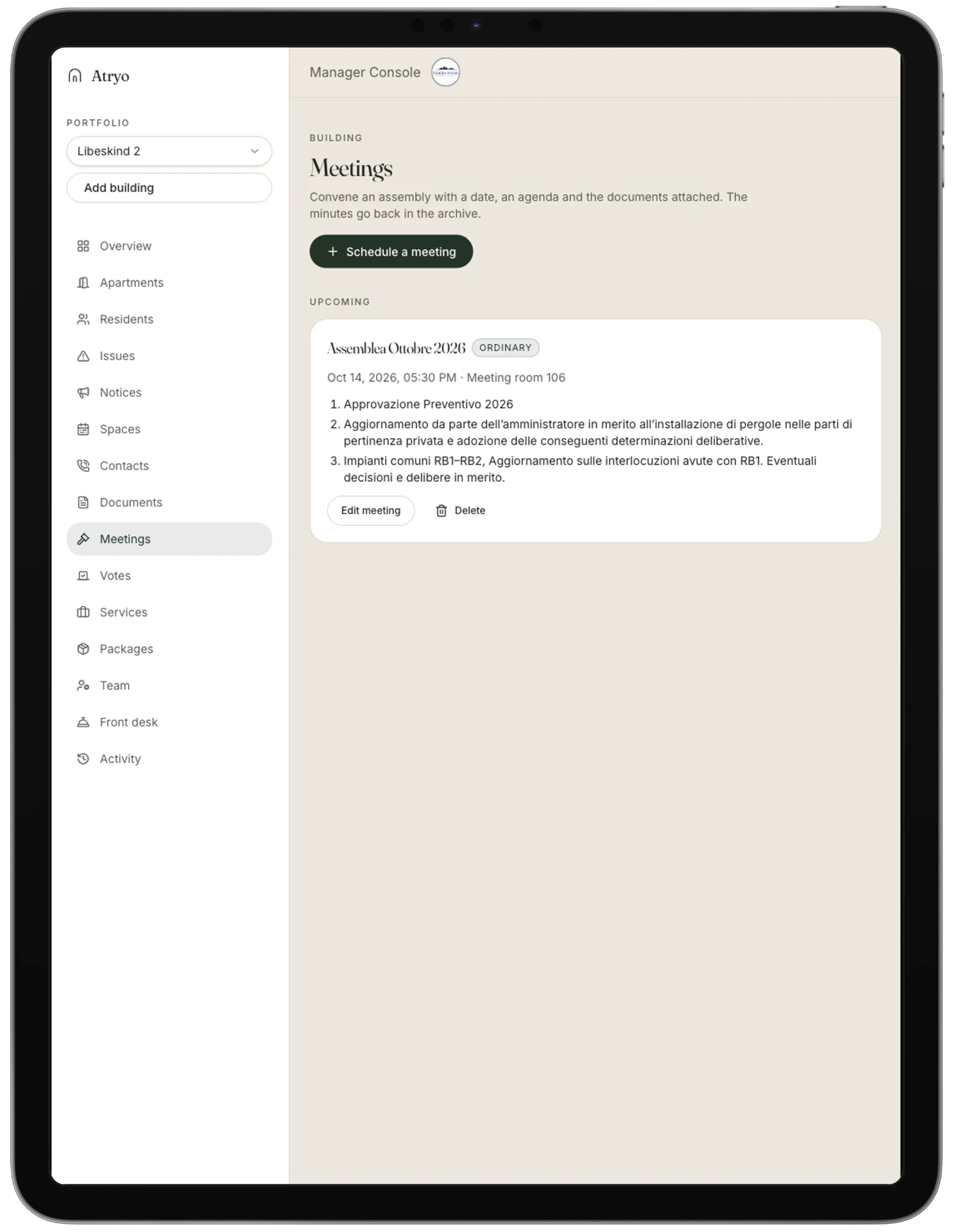 Atryo manager console meetings page with a scheduled assembly and its agenda