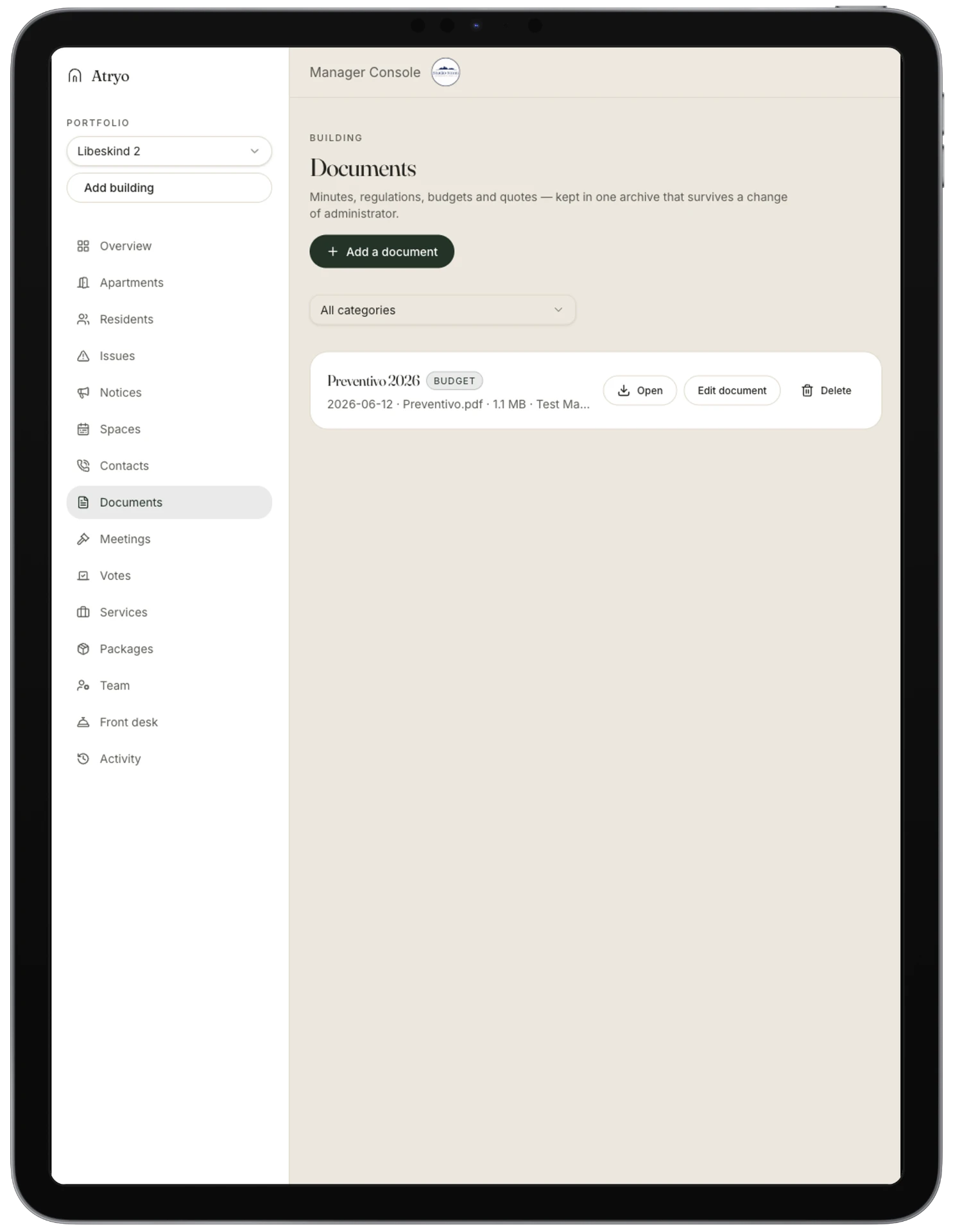 Atryo manager console documents page with the building archive