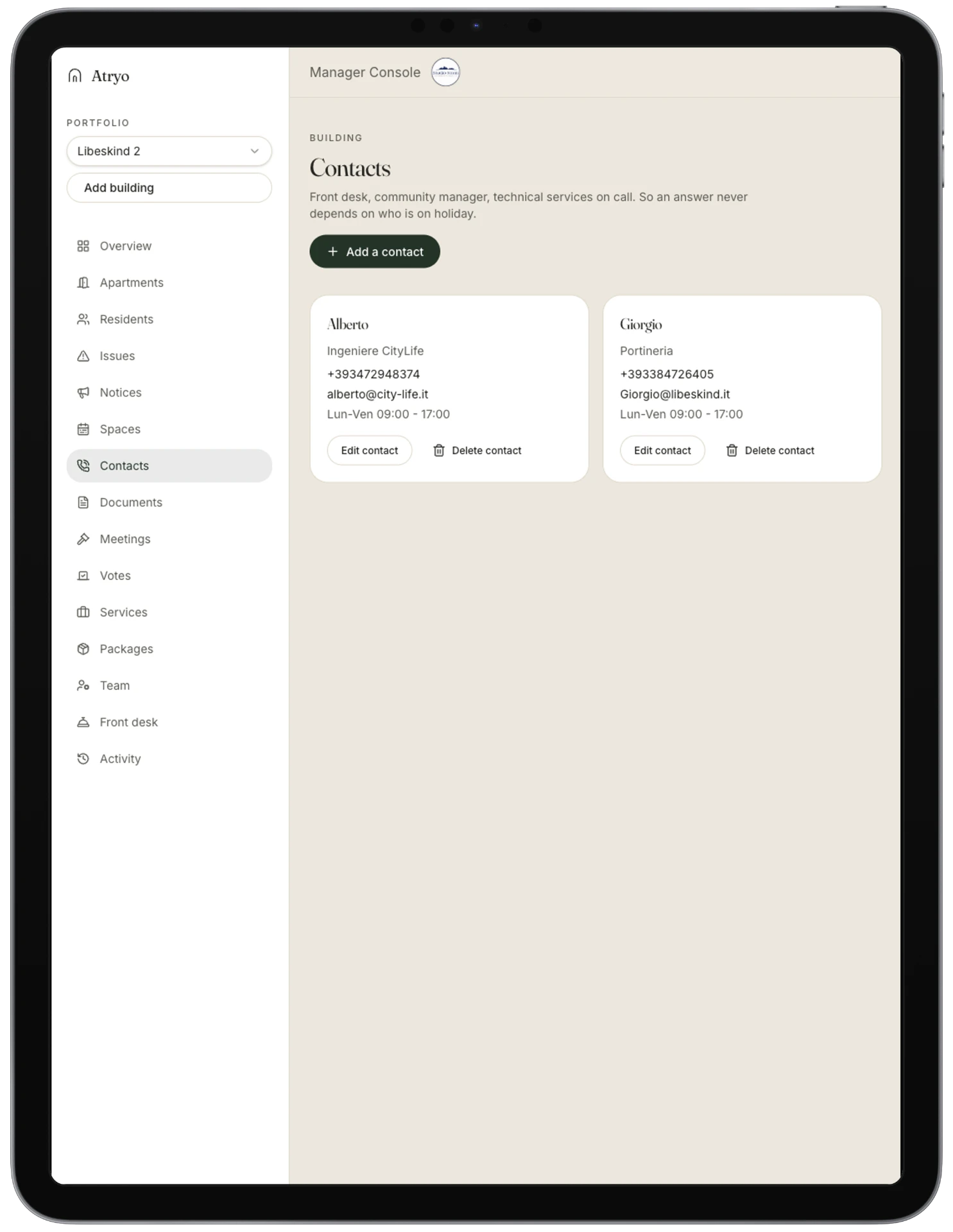 Atryo manager console contacts page with building contacts